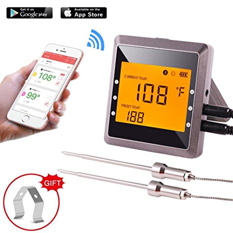 Bluetooth Digital Meat Thermometer for Grilling, BBQ Cooking Kitchen Oven Thermometer 170ft Controlling by Phone (android/ios), Large LCD Display and An Alarm Reminder Function - Silver Gray