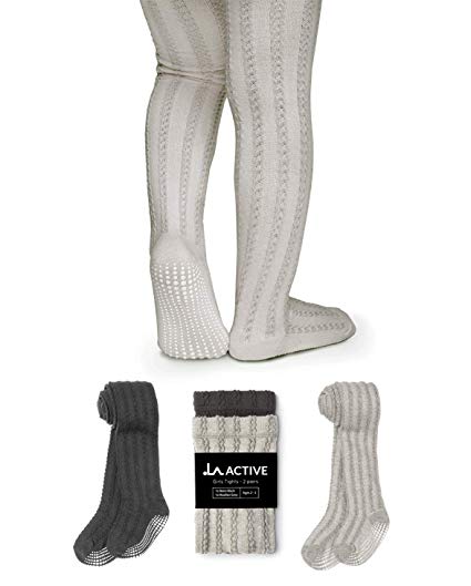 LA Active Baby Tights - 2 Pairs - Non Skid/Slip Cable Knit (Black & Grey 2T-3T)