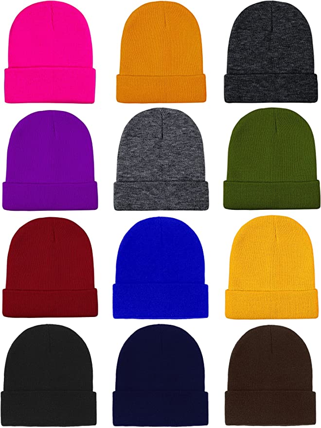 Cooraby 12 Pack Knitted Winter Beanies Acrylic Warm Skull Cap Cuff Watch Hat for Men or Women