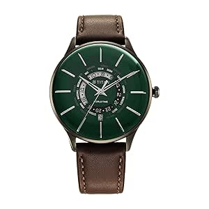 Titan Green Dial World Time with Date Leather Strap Analog Watch for Men-NS90145QL01