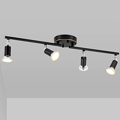 LED 4 Light Track Lighting Kit, Black 4 Way Ceiling Track Light, Flexibly Rotatable Light Head, CRI≥90, Ceiling Spot Light for Exhibition/Hallway, Included 4X LED GU10 Bulbs(5W, 2700K, 510LM)