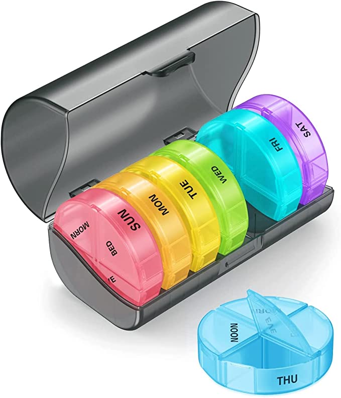TookMag Large Weekly Pill Organizer 4 Times A Day, One Week Daily Pill Box Weekly, Pill Cases Portable for Pills/Vitamin/Fish Oil/Supplements (Rainbow)