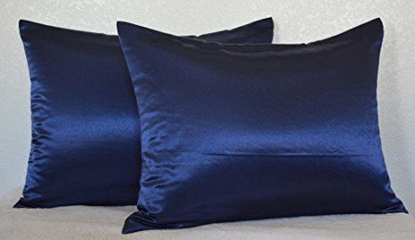 Creative 2 Pieces of Hidden Zipper Satin Pillow Case, King Size , Navy