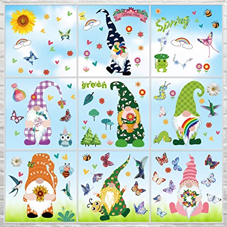 9 Pieces Gnome Window Clings Flower Butterfly Window Clings Window Decals Spring Window Decorations Butterfly Stickers Cling Decor for Glass Window for Kids