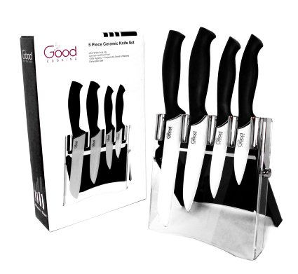 Ceramic Knife Set with Block- 5 Pc Cutlery Ceramic Knives Set By Good Cooking Black Handles