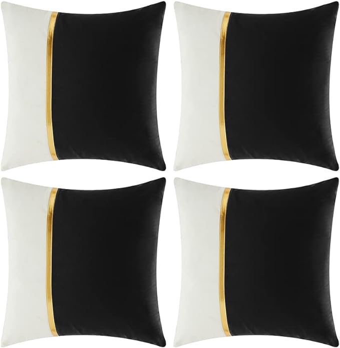 Fancy Homi 4 Packs Black Decorative Throw Pillow Covers 20x20 Inch for Living Room Couch Bed Sofa, Black and White Velvet Patchwork with Gold Leather, Luxury Home Decor Square Cushion Case 50x50 cm