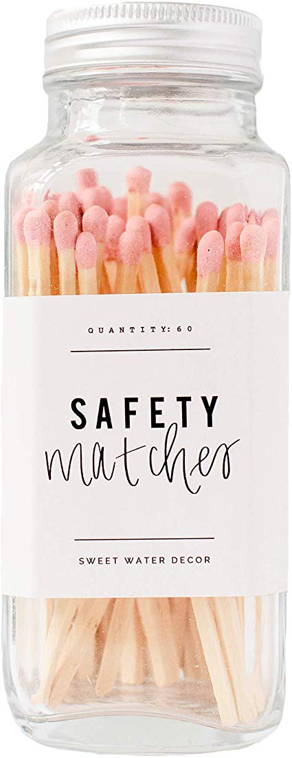 Sweet Water Decor Pink Safety Matches - Glass Jar | 60 Strike On Bottle Matches Vintage Matches Home Decor Candle Accessory Pink Tip