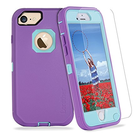 Lordther iPhone 7 Case, iPhone 8 Case, [ShieldOn II] Military Grade Heavy Duty Protective Anti-slip Rubber TPU Cover for iPhone 7, iPhone 6, iPhone 6s - 4 in 1 (Purple Aqua)