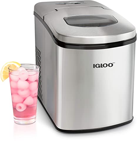Igloo ICEB26FLSS Portable Electric Steel Countertop Maker Machine, 26 Pounds in 24 Hours, 9 Cubes Ready in 8 Minutes, with Ice Scoop and Removable Basket, Full Stainless Lid and Body