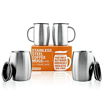 Stainless Steel Coffee Mugs with Lid (Set of 4) -14 oz Double Walled Coffee Glasses perfect for Travel, Outdoor, Camping. Vacuum, Shatterproof, Durable Coffee Mug