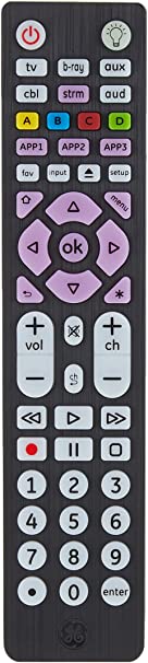 GE 6-Device Backlit Universal Remote Control for Samsung, Vizio, Lg, Sony, Sharp, Roku, Apple TV, Smart TVs, Streaming Players, Blu-Ray, DVD, Master Volume Control, Black, 47504