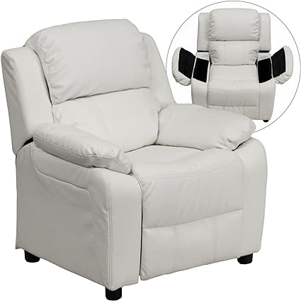 Flash Furniture BT-7985-KID-WHITE-GG Deluxe Heavily Padded Contemporary White Vinyl Kids Recliner with Storage Arms, 39" D x 25" W x 28" H