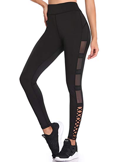 TELALEO Yoga Pants for Women, High Waisted Power Mesh Workout Running Exercise Leggings Pants Black