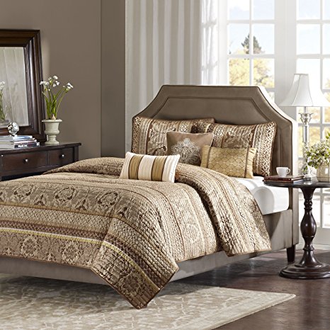 Madison Park Bellagio 6 Piece Quilted Coverlet Set, Full/Queen, Brown/Gold