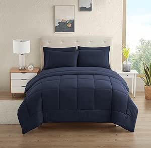 Dorm Room Essentials College Bedding Comforter Set 5 Piece Twin Size Bed in a Bag for College Students Boys and Girls, Twin, Navy Blue