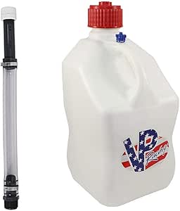 VP Racing 5.5 Gal. Square Patriotic Motorsport Container w/ 14 Inch Deluxe Filler Hose Close-Trimmed Cap and Neck for Tighter Seal