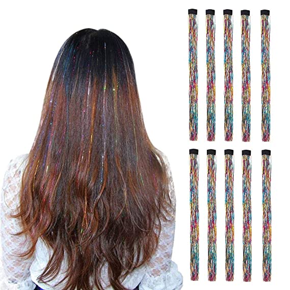 LiaSun 10Pcs/set Highlight Glitter Tinsel Hair Extensions Clip In - Colored Party Sparkling & Shiny Hair Extensions - Multi-Colors Hair Streak Bling Hairpieces (Multicolor)