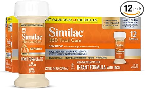Similac 360 Total Care Sensitive Infant Formula, with 5 HMO Prebiotics, for Fussiness & Gas Due to Lactose Sensitivity, Non-GMO, Baby Formula, Ready-to-Feed, 2-fl-oz (Case of 12)