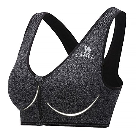 Camel Outdoor Sports Bra Yoga Running Fitness Shockproof Front Zipper Closure Seamless Bra For Women