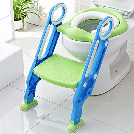 Toddler Toilet, Opret Potty Training Seat on Toilet with Non-Slip Steps Ladder Adjustable Foldable for Boys Girls Toddlers Kids (Blue)