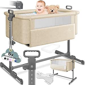 KESSER® Zustellbett Hubi 3in1 Baby Beistellbett Reisebett Babybett mit weich Matratze, mit Rollen Kinderbett, 5-Fach Höhenverstellung, Faltbare Seitenwand für Zuhause und Unterwegs, Beige