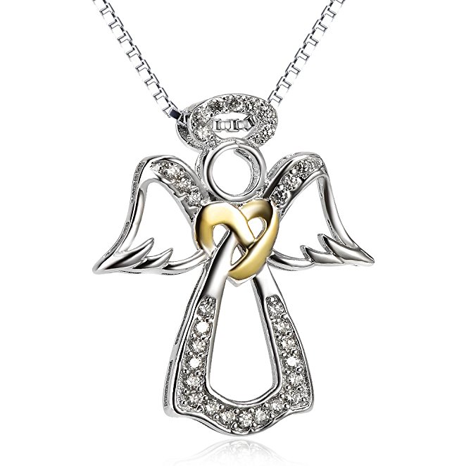 Two Tone 925 Sterling Silver Pendant Angel Wing Heart Jewelry Charms CZ Necklace For Women, 18''