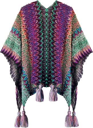 Urban CoCo Women's knit Vintage Ethnic Tassel stripe Poncho Shawl