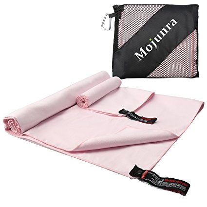 Mojunra Microfibre Beach & Sport Towel Set of 2 Travel Towels with Bag Quick Dry Soft Absorbent Lightweight Antibacterial Compact for Camping Swim Yoga Golf (Pink 76 x 152cm and 53 x 36cm)