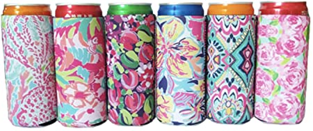 6 Floral Lily Slim Can Sleeves - Skinny 12 oz Neoprene Insulated Coolie - Perfect For Slim Red Bull,Michelob Ultra,Spiked Seltzer,Truly,White Claw,Henrys
