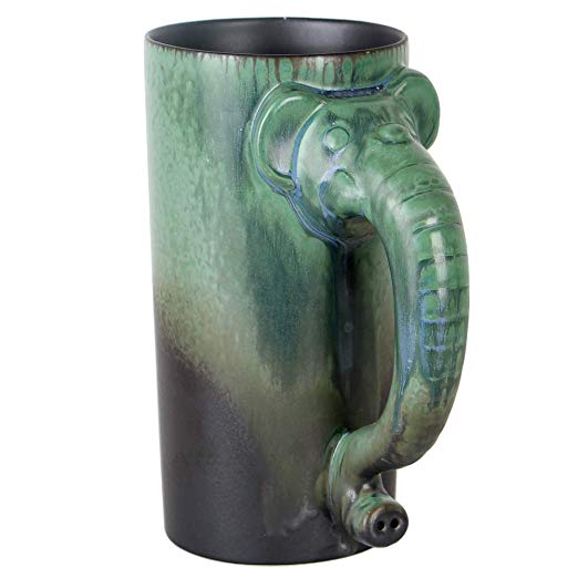 36 Ounce Extra Large Pottery Coffee Mug Handmade Giant - Funny 3D Elephant Trunk Shaped Handle - Huge Jumbo Ceramic Tea Cup Gift Oversized by Oojdzoo (Matte Black with Green Glaze)