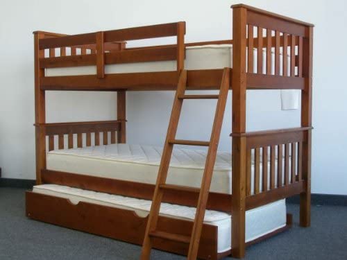 Bedz King Bunk Bed with Twin Trundle, Twin Over Twin Mission Style, Espresso