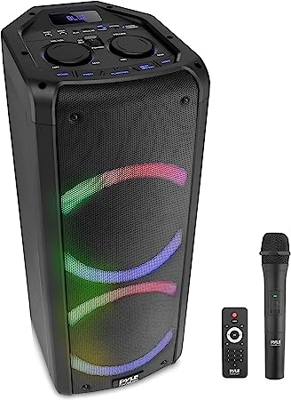 Pyle Remote Karaoke Audio System Portable Bluetooth PA Speaker - 240W Dual 6.5" Rechargeable Indoor/Outdoor BT, TWS, Party Lights, LED Display, FM/AUX/MP3/USB/SD, 6.5mm in, Handle-Wireless Mic