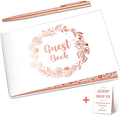 Wedding Guest Book with Pen Wedding Memory Book with Table Cards Guest Sign-in Book White Cover with Foil for Guests Visitors to Sign at Wedding Party Hotel Baby Bridal Shower, 9 x 6 Inch (Popular)