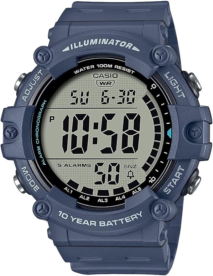 Casio Illuminator 10-Year Battery 100M Water Resistant LED Backlight 5-Alarm Chronograph Digital Stop Watch AE1500WH-2AV