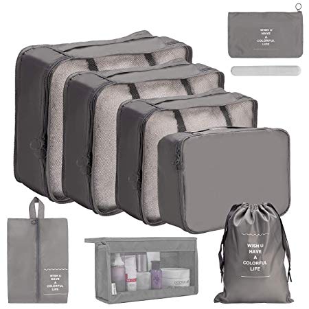 OrgaWise 8 Set Travel Packing Organizers Packing Cubes Travel Luggage Organizers with Shoe Bag Travel Luggage Pouch(Light Gray)