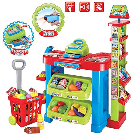 deAO SPM-2 Kids Supermarket Stall Toy Shopping Trolley and Over 30 Play Food Accessories Included
