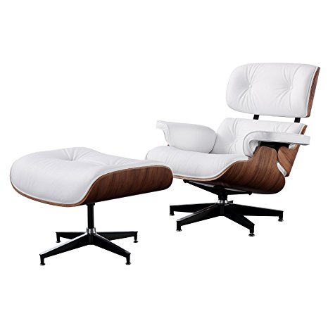 RECLINER GENIUS 100% Grain Italian Leather Recliner Lounge Chair with Ottoman (White)