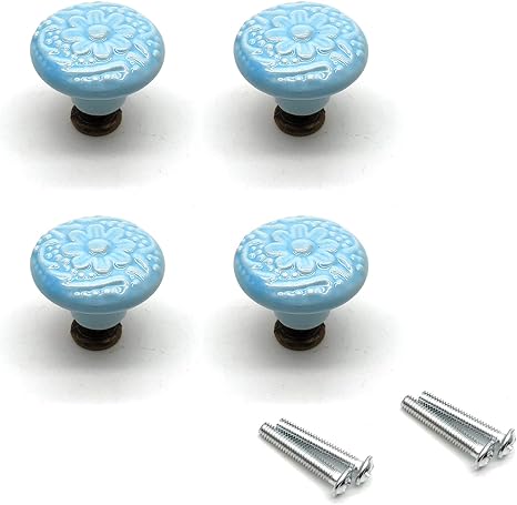 Ceramic Drawer Knobs Vintage,4pcs, Knobs Decorative 1.3" Dia. Light Blue with Mounting Screws Antique Drawer Knobs Carved Flower Knob