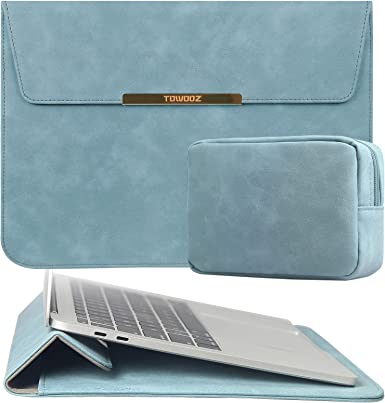 TOWOOZ 13.3 Inch Laptop Sleeve Case Compatible with 2016-2020 MacBook Air/MacBook Pro 13-13.3 inch/iPad Pro 12.9 / Dell XPS 13/ Surface Pro X, PU Leather Bag (13 Inch, Blue)