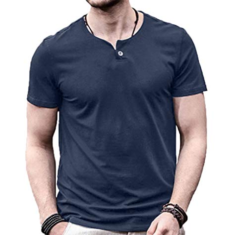 Aiyino Mens Summer Casual Slim Fit Single Button Short Sleeve Placket Plain Henley Top T Shirts