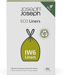 Joseph Joseph IW6 Eco Recycled plastic Bin Liners, Kitchen Trash Bags With Tie Tape Drawstring Handles, Extra Strong – (4 Packs of 20, Total 80 Liners) Holds 30 Litres/7.9 Gallons, Grey