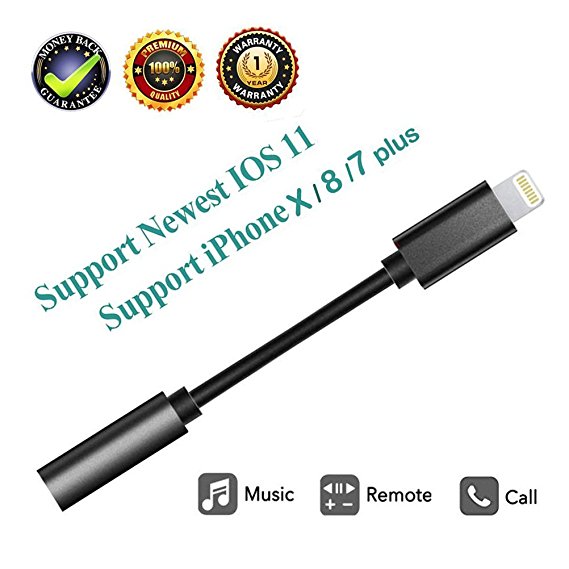 Lightning to 3.5 mm Headphone Jack Adapter, Connector for iPhone X/iPhone 8/8 plus/iPhone 7/7 plus, Support for Music Control & Calling Function (Supports iOS 10.3 or Later)(Black)