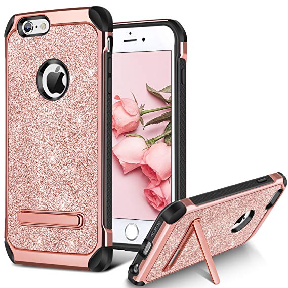 iPhone 6S Case, iPhone 6 Case, BENTOBEN Bling Glitter Slim Hybrid Dual Layer TPU Bumper Hard PC Cover Coat Sparkly Shiny Cute Faux Leather with Metal Kickstand for 4.7 inch iPhone 6S/6 Rose Gold/Pink