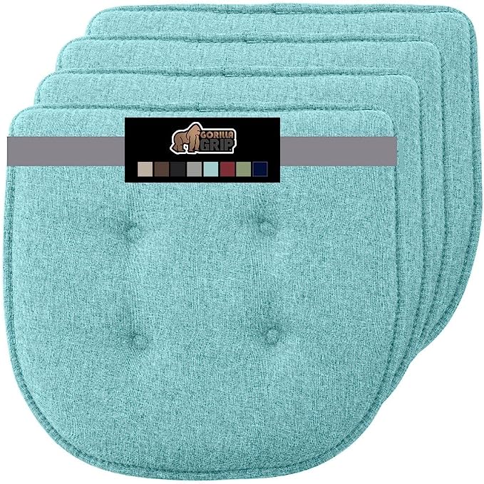 Gorilla Grip Tufted Memory Foam Chair Cushions, Set of 4, Comfortable Seat Cover Cushion, Thick Durable and Washable Slip Resistant Pads, Dining Room Chairs, Office Desk, Kitchen Table 16x17 Turquoise