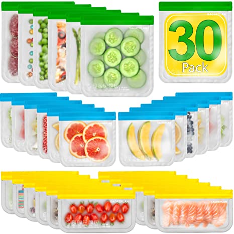 Reusable Food Storage Freezer Bags - 30 Pack Double-Lock Leakproof Lunch Bags - 6 Gallon   12 Sandwich   12 Snack Silicone & Plastic Free Bags - BPA Free Kitchen Safe Bags for Kids