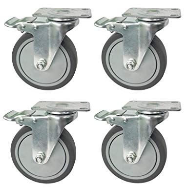 Mysit 5 Inch Heavy Duty Casters Wheels Grey TPR Rubber Polyurethane Casters Wheel with Locking Brake, Large Swivel Plate Casters Lockable, Set of 4 (CasterPlateTPR125B)