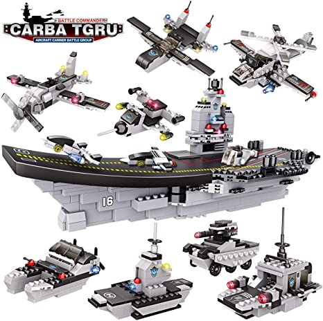 WishaLife City Police Giant Army Aircraft Carrier Battle Group Building Kit, Military Battleship Model Building Set with Solid Hull and Deck with Storage Box for Boys Girls 6-12 (1330 Pieces)