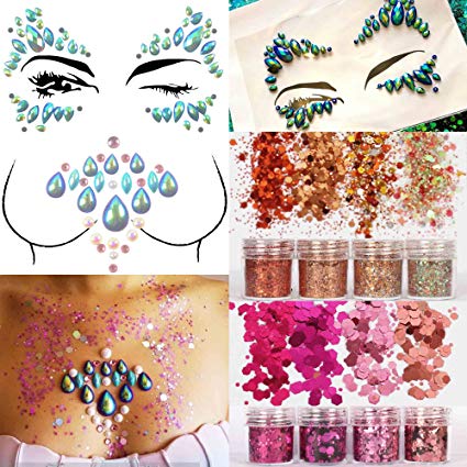 COKOHAPPY 2 Sheets Face & Breast Mermaid Rhinestones Sticker Gem with 8 Boxes 10ml Holographic Chunky Glitter Ultra-thin Colorful Mixed Paillette - Festival Rave Party Jewel Tattoo Set 2