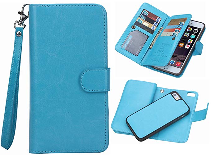 iPhone 6 plus/6S Plus 2 in 1 Wallet Case，Hynice Folio Flip PU Leather Case Magnetic Detachable Slim Back Cover Card Holder Slot Wrist Strap Wallet for iPhone 6 plus/6S Plus 5.5"(Blue)