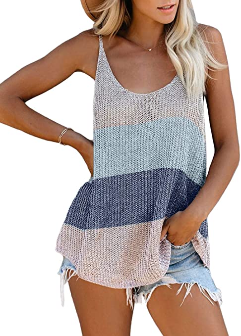 Tiksawon Womens Summer Strappy Tank Tops Loose fit Casual Sleeveless Blouses Sexy Knit Cami Shirts